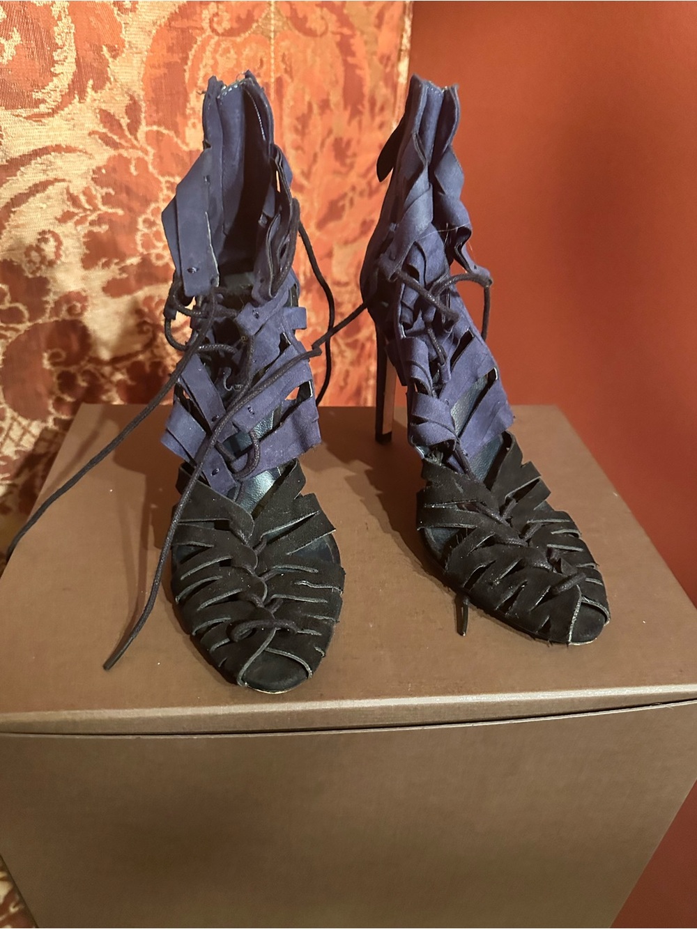 Zara Two-Tone Lace-Up Strappy High Heels - Navy & Black - Picture 2 of 6